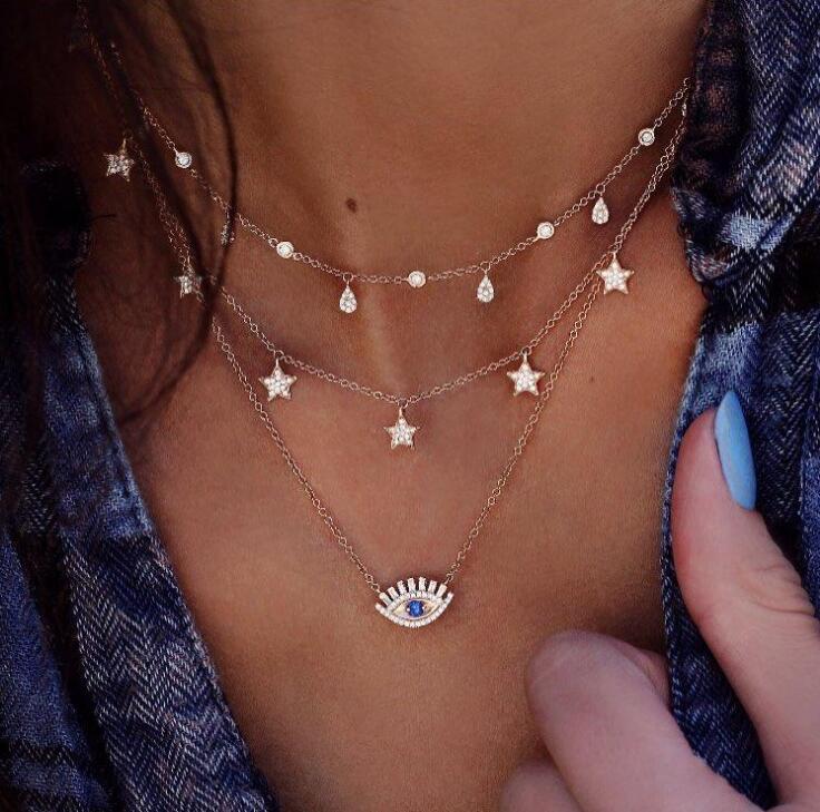 Punk Multi-layers Colors Bead Star Chains Pendant Necklace Set for Women - Gold Color Alloy Cross Jewelry