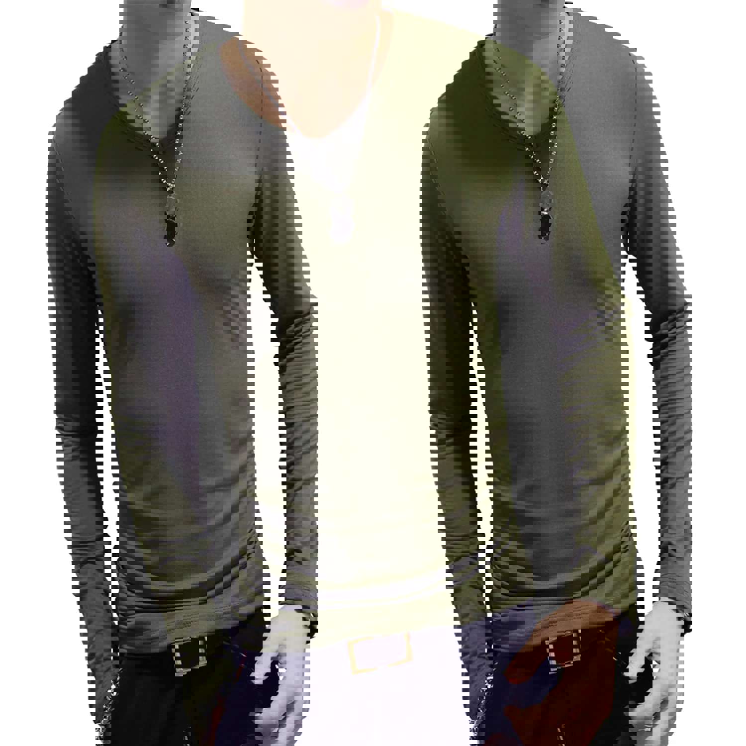 Men's V-Neck Slim Fit Long Sleeve T-Shirt - Classic Casual Solid Color Tee