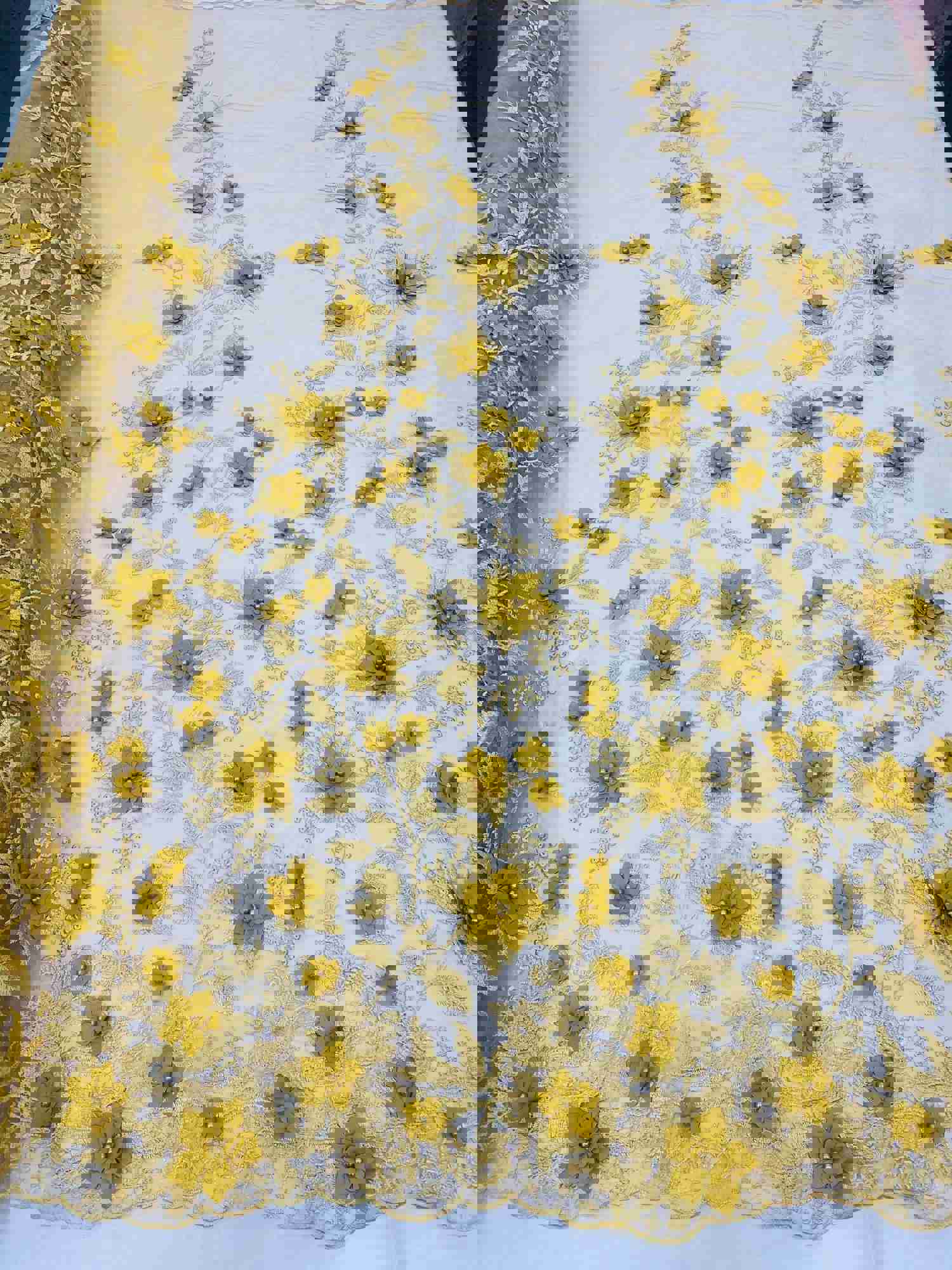 Gold Two Tone 3D Floral Design Embroidered and Beaded Mesh Lace Fabric