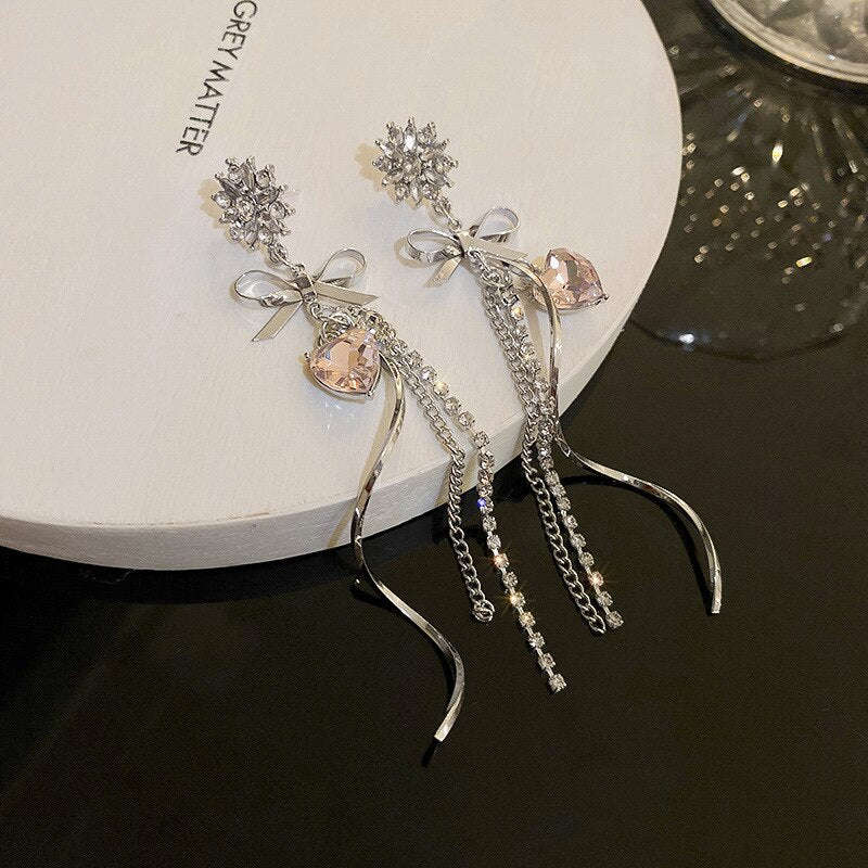 2022 New Fashion Long Tassels Sweet Heart Drop Earrings Joker Fine Bowknot Modelling Trend Women Dangle Earrings Jewelry
