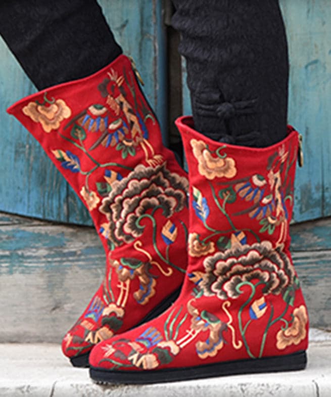 Red Cowgirl Boots Embroidered Zippered Comfy Cotton Fabric Knee Boots