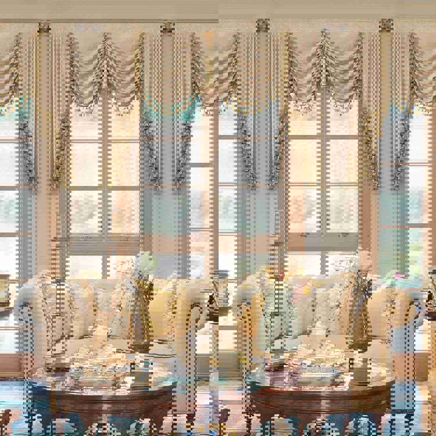 Beige Chenille Swag Valance with Beads and Tassels