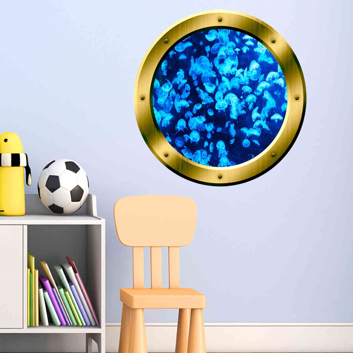 Blue Jellyfish Peel and Stick Ocean Life Gold Window Porthole Vinyl Wall Decal