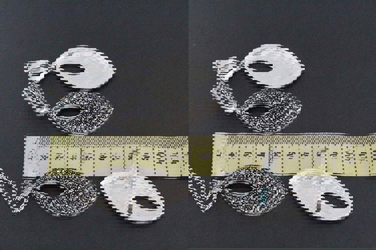 Sterling Silver 925 Earrings, Ring, Pendant, and Chain Set with Marcasite Stones