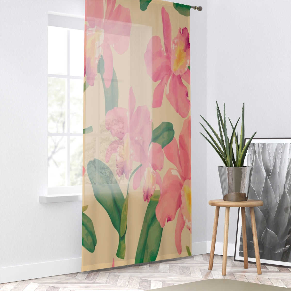 PINK DAFFODIL DRAWN ART - SHEER Window Curtain