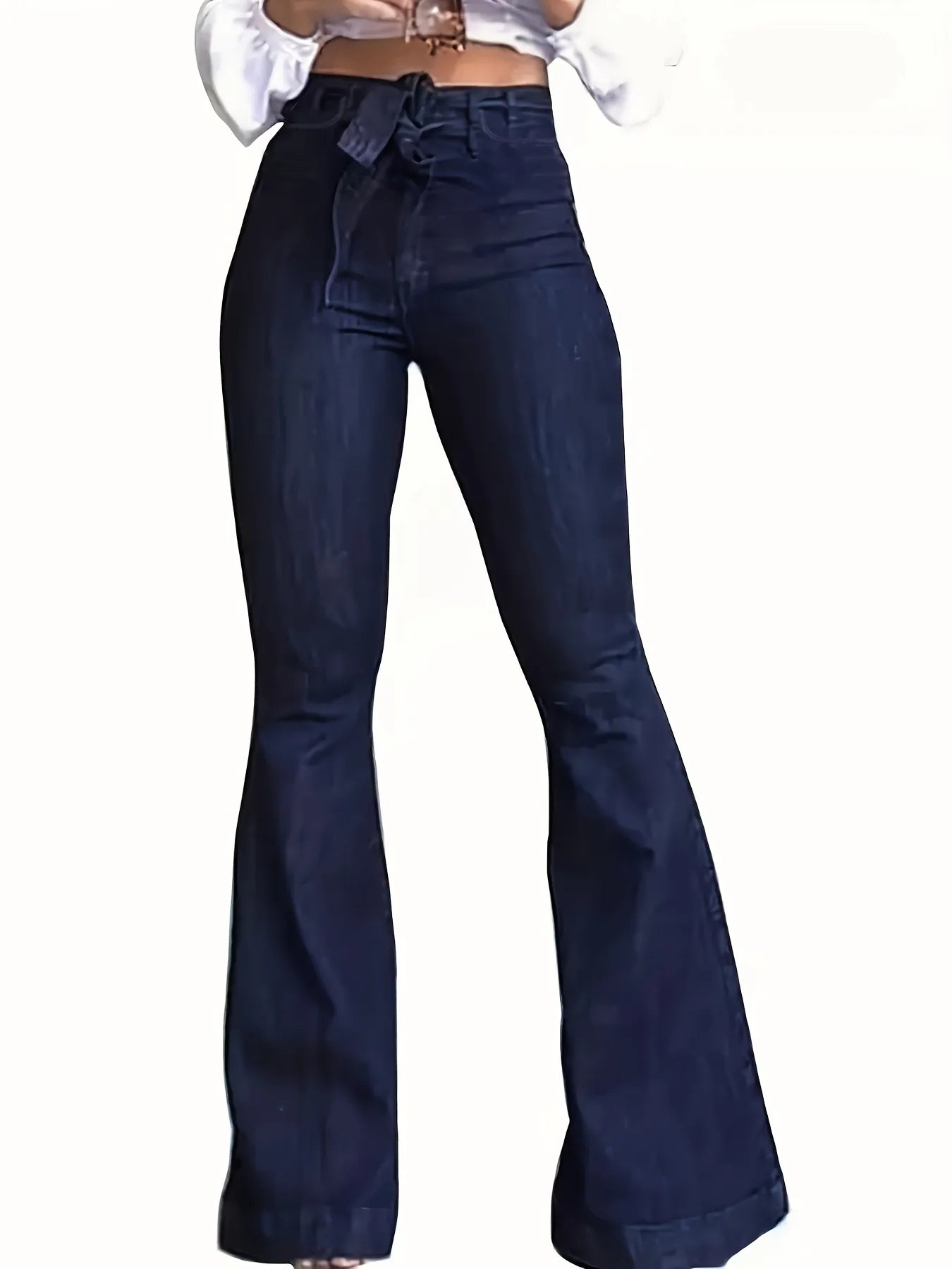 Nukty Navy Blue Flared Jeans for Women - High-Stretch Waistband Bell Bottom Wide Leg Denim Pants