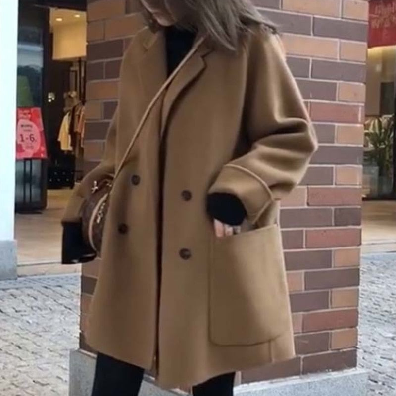 Women's Woolen Double Breasted Long Trend Coat for Autumn Winter