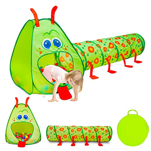 Kiddey Caterpillar Play Tunnel and Tent Combo (2-Piece Set) – Kids Crawling and Exploration Discovery Station