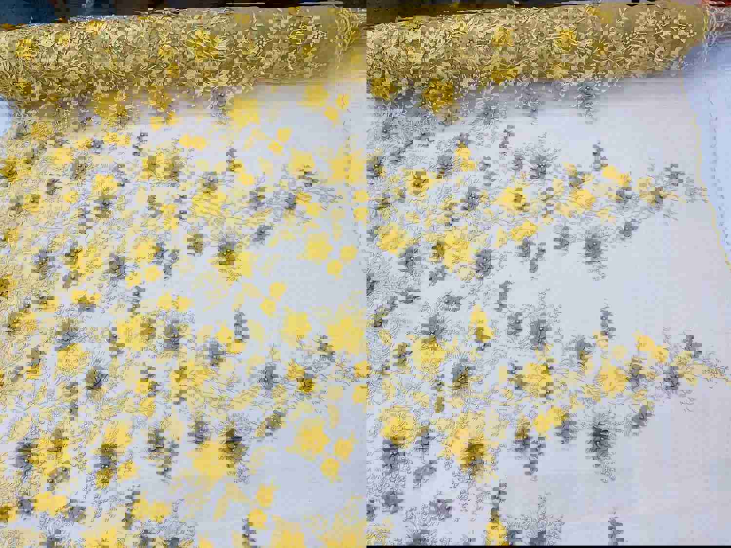 Gold Two Tone 3D Floral Design Embroidered and Beaded Mesh Lace Fabric
