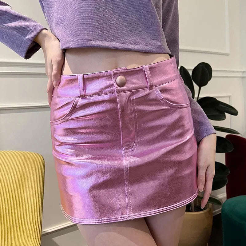 Nukty Y2k Pink Metallic Fashion Short Skirt for Women
