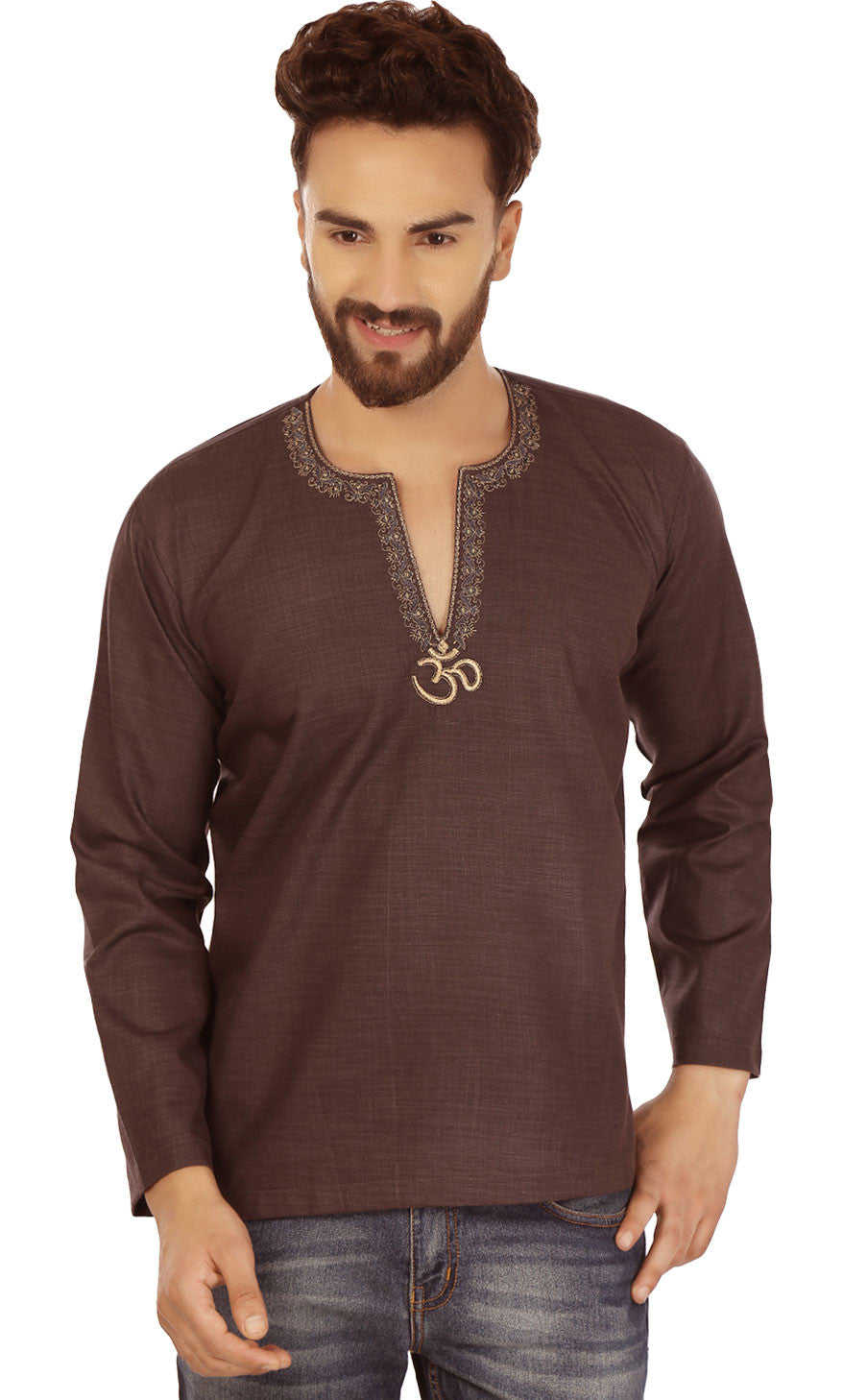 Men's Cotton Short Kurta Shirt - India Clothing (Chocolate)