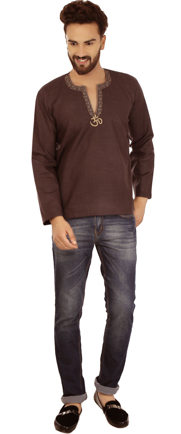 Men's Cotton Short Kurta Shirt - India Clothing (Chocolate)