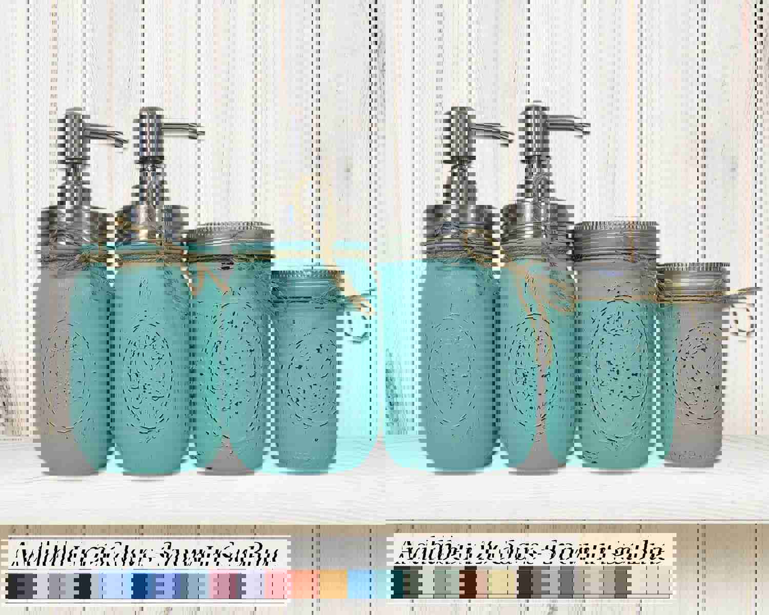 Custom Painted Mason Jar Bathroom Set - 20 Paint Colors, Sea Blue with Black Lids