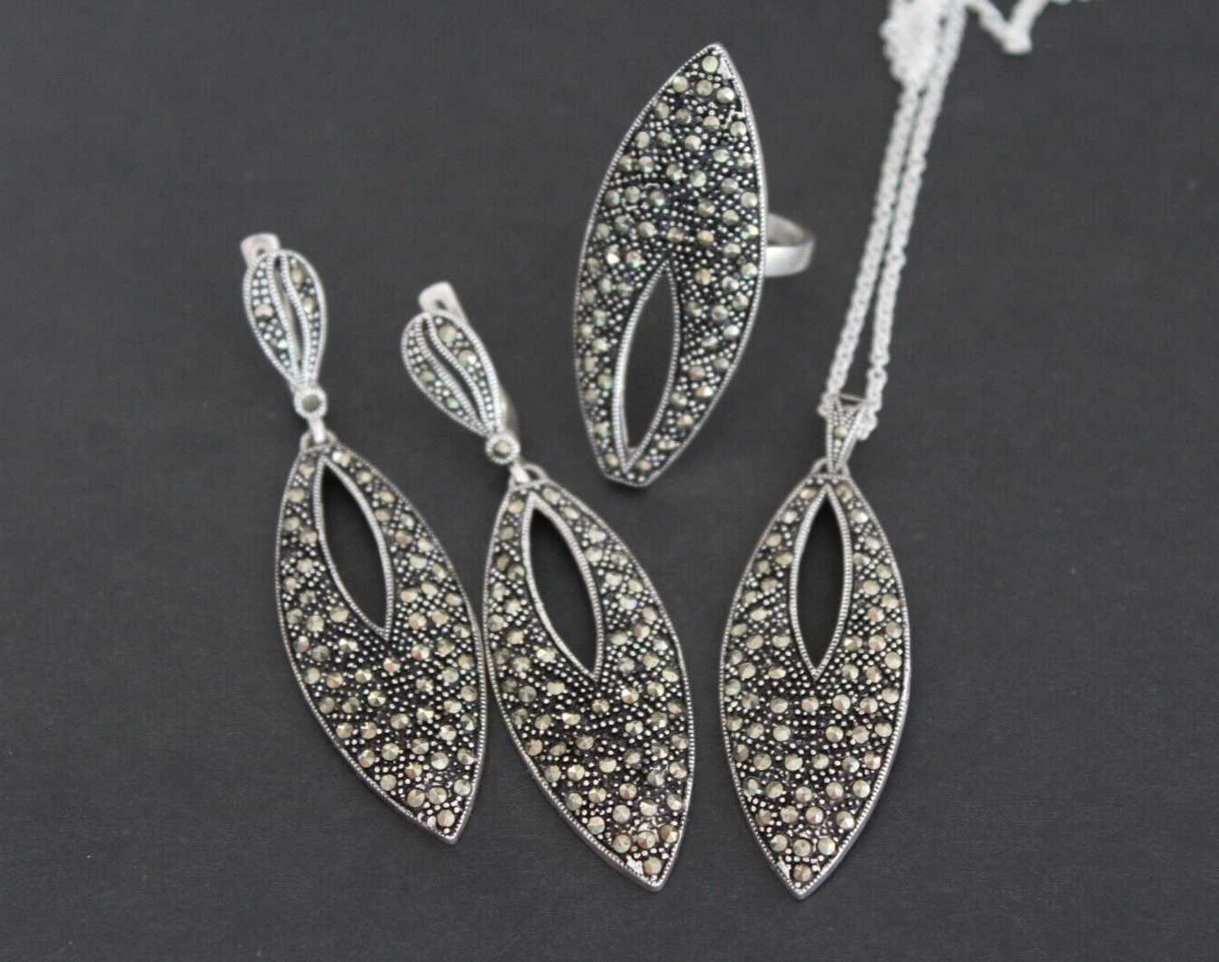 Sterling Silver 925 Earrings, Ring, Pendant, and Chain Set with Marcasite Stones