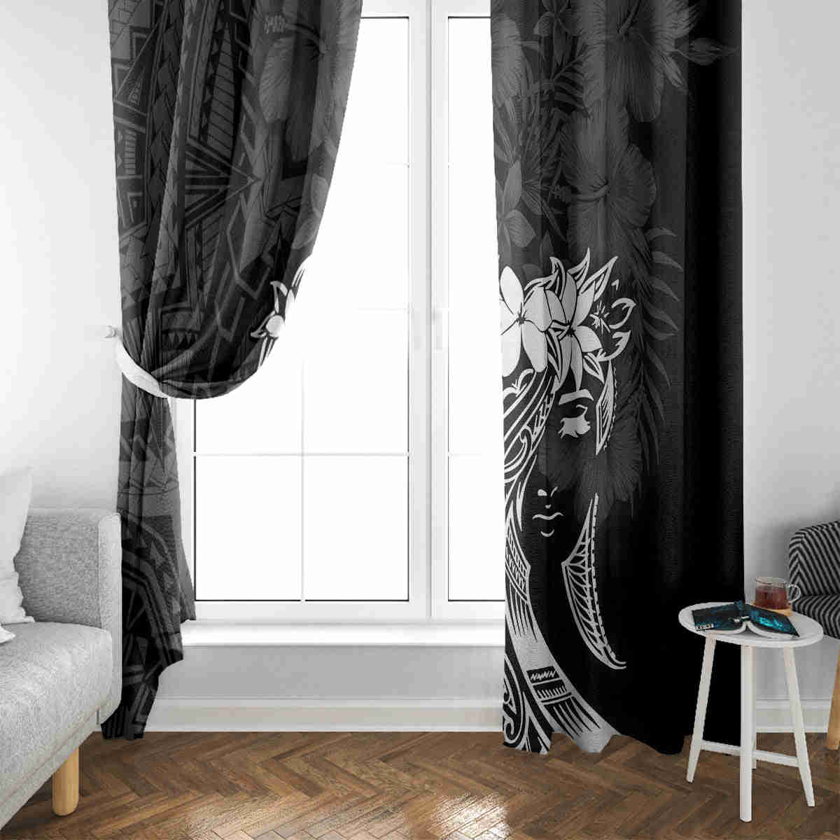 Polynesian Women's Day Window Curtain Plumeria Passion - Black LT7
