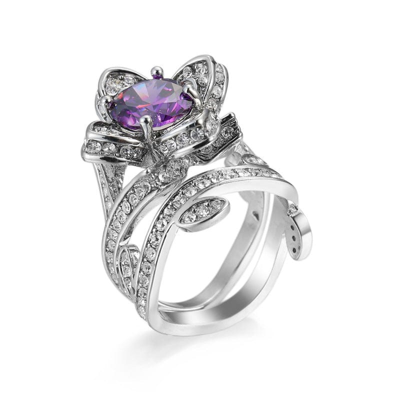 Ladies Rose Flower Amethyst Ring - Elegant Crystal Jewelry for Women
