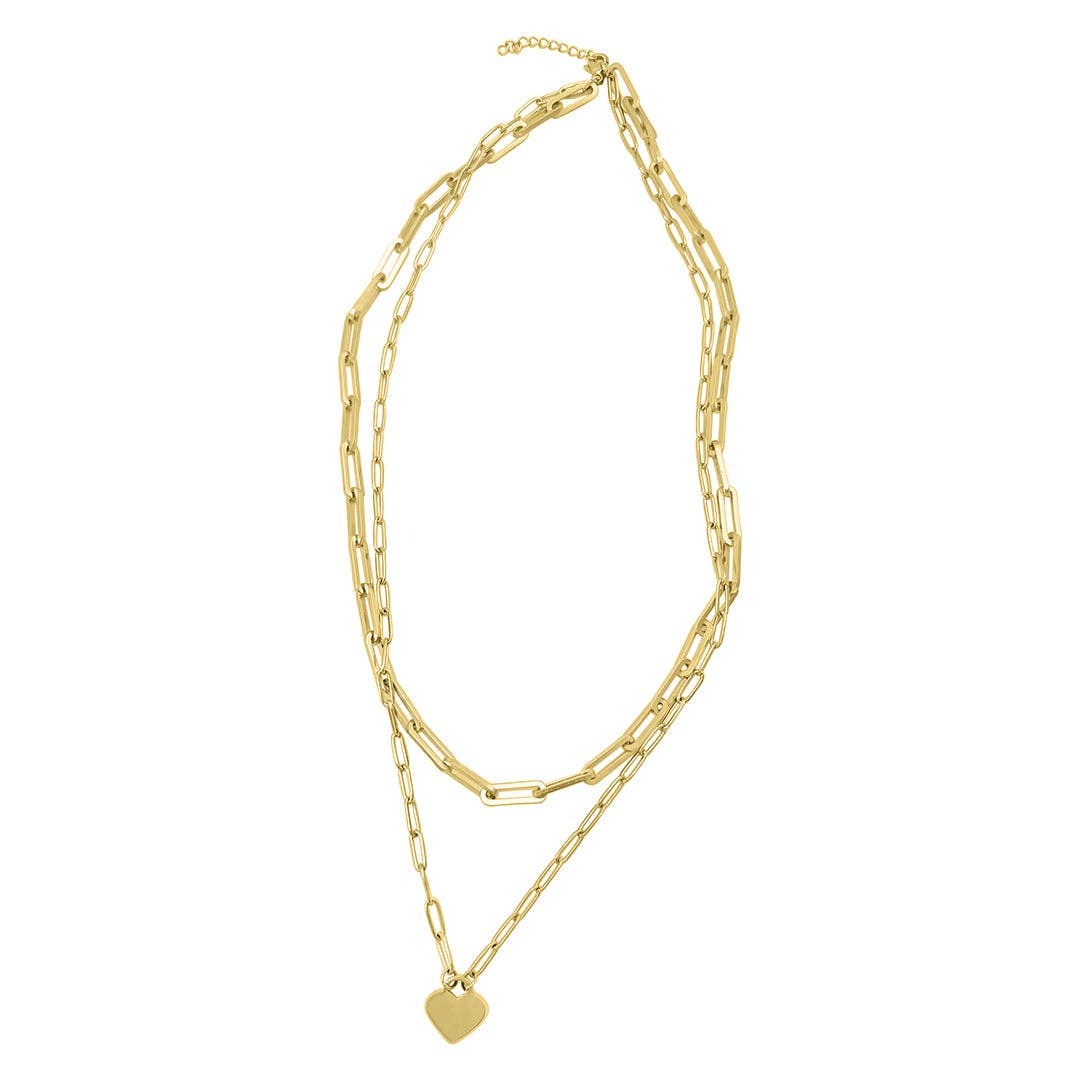 Layered Paper Clip Chain Heart Pendant Necklace in 14k Yellow Gold Vermeil