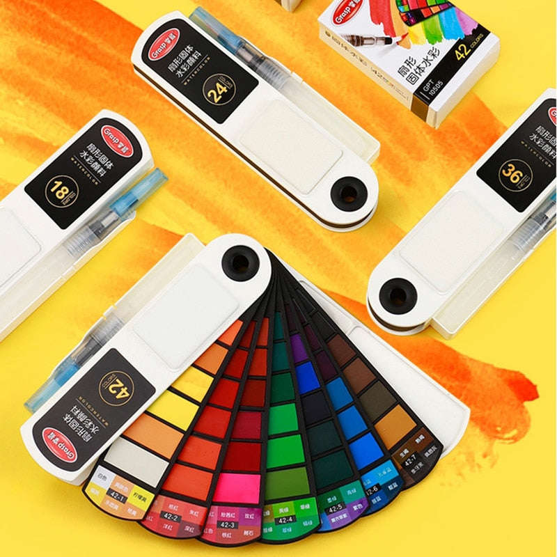 Portable 18/24/36/42 Colors Solid Watercolor Paint Set with Water Pen for Beginner Painting Artist Art Craft Supplies