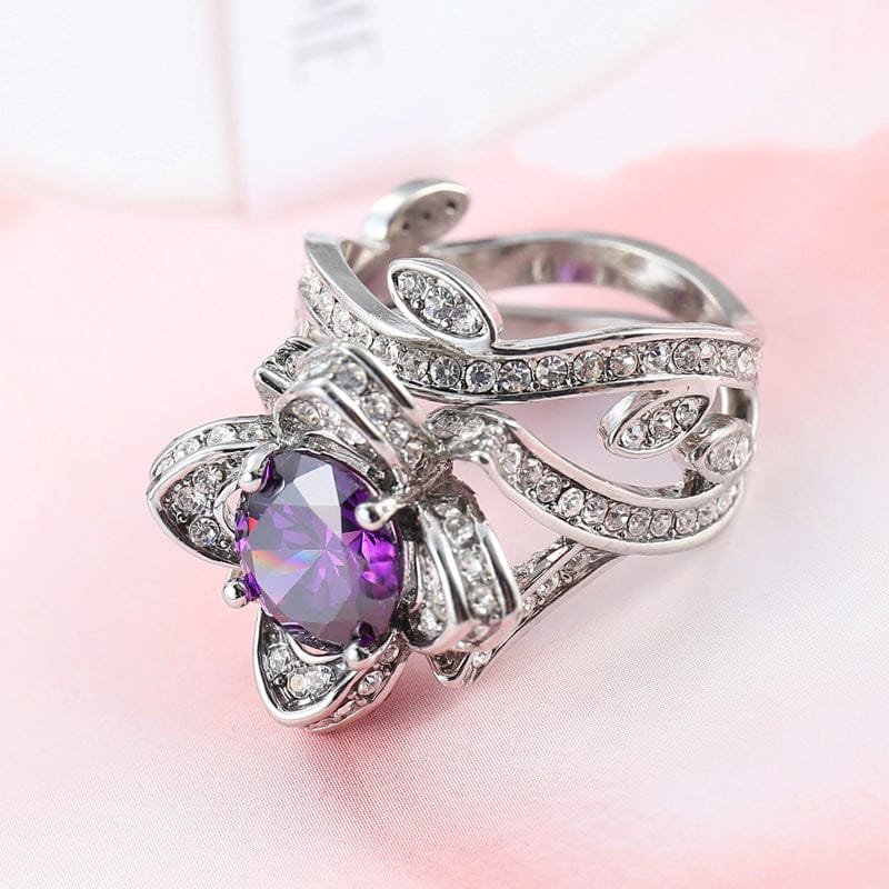 Ladies Rose Flower Amethyst Ring - Elegant Crystal Jewelry for Women