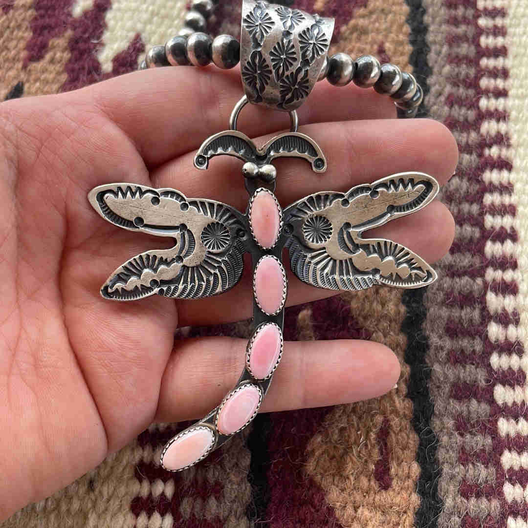Navajo Pink Conch & Sterling Silver Dragonfly Pendant