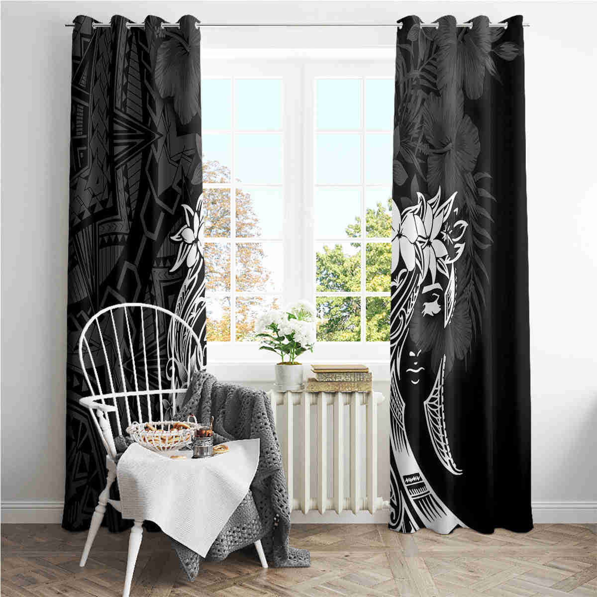 Polynesian Women's Day Window Curtain Plumeria Passion - Black LT7
