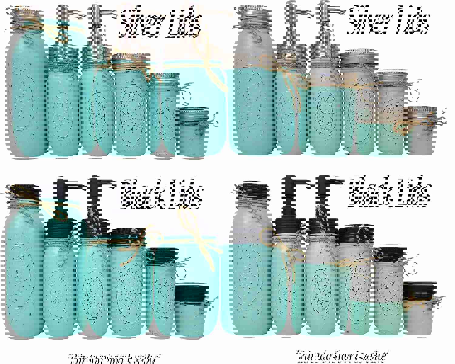 Custom Painted Mason Jar Bathroom Set - 20 Paint Colors, Sea Blue with Black Lids