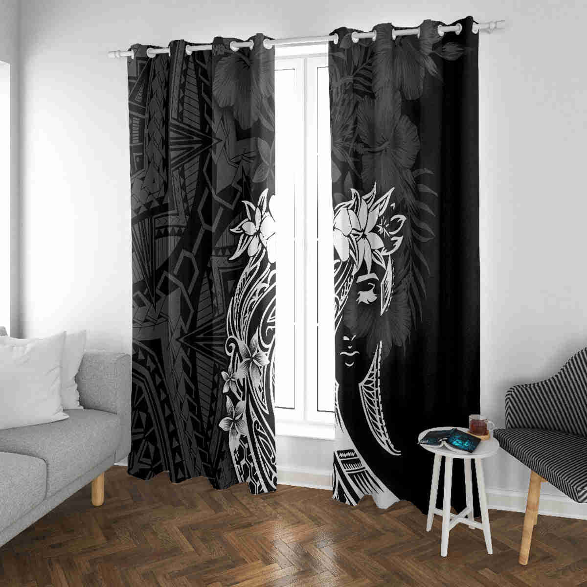 Polynesian Women's Day Window Curtain Plumeria Passion - Black LT7