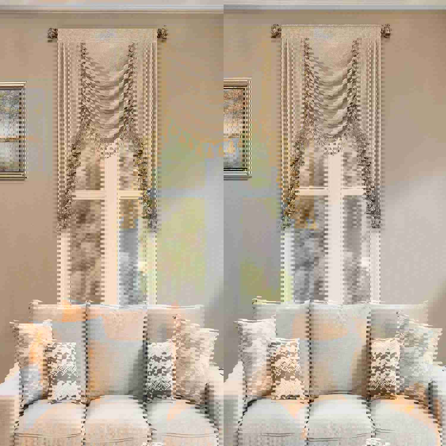 Beige Chenille Swag Valance with Beads and Tassels