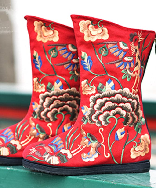 Red Cowgirl Boots Embroidered Zippered Comfy Cotton Fabric Knee Boots