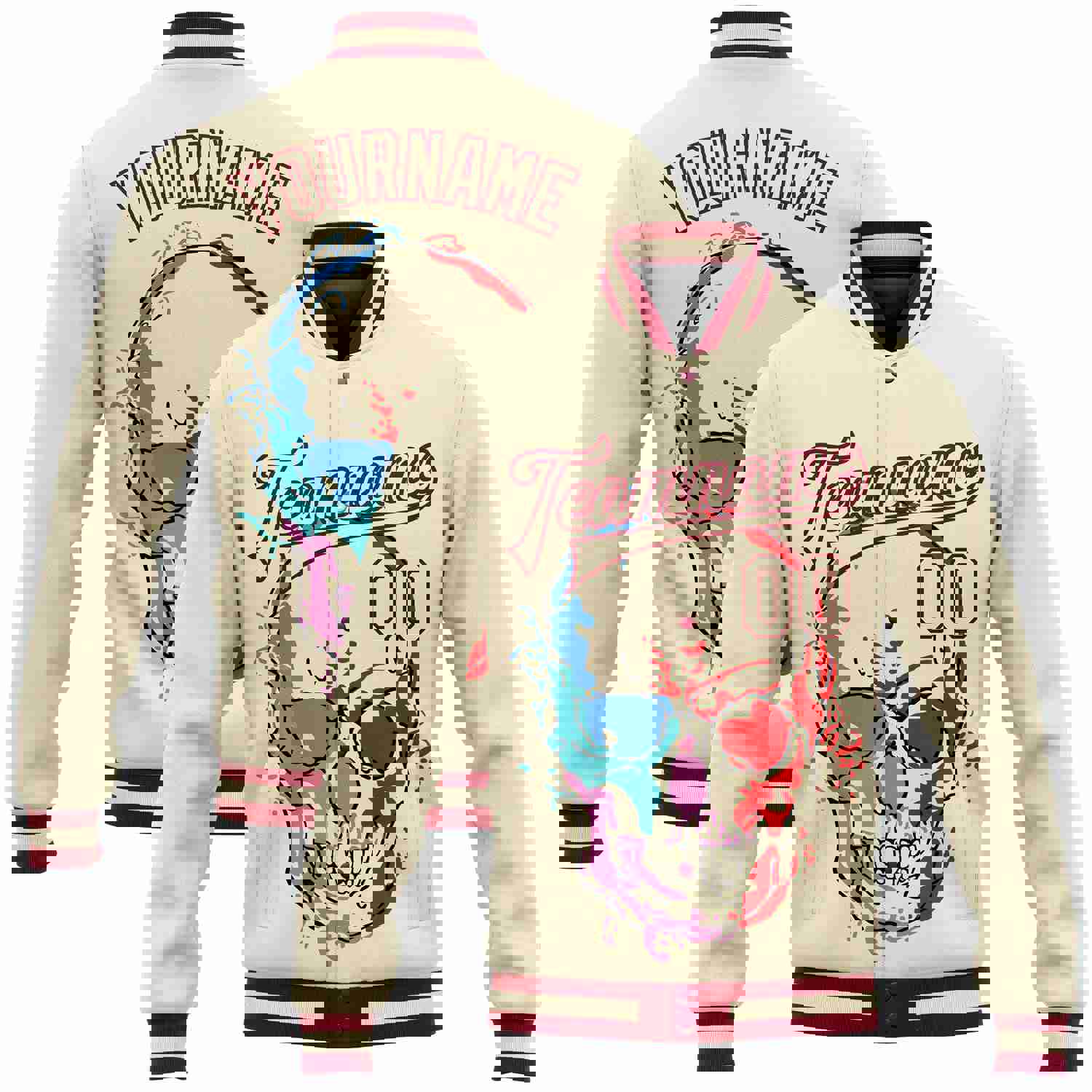 Custom Cream Maroon Skull Fashion 3D Bomber Full-Snap Varsity Letterman Jacket