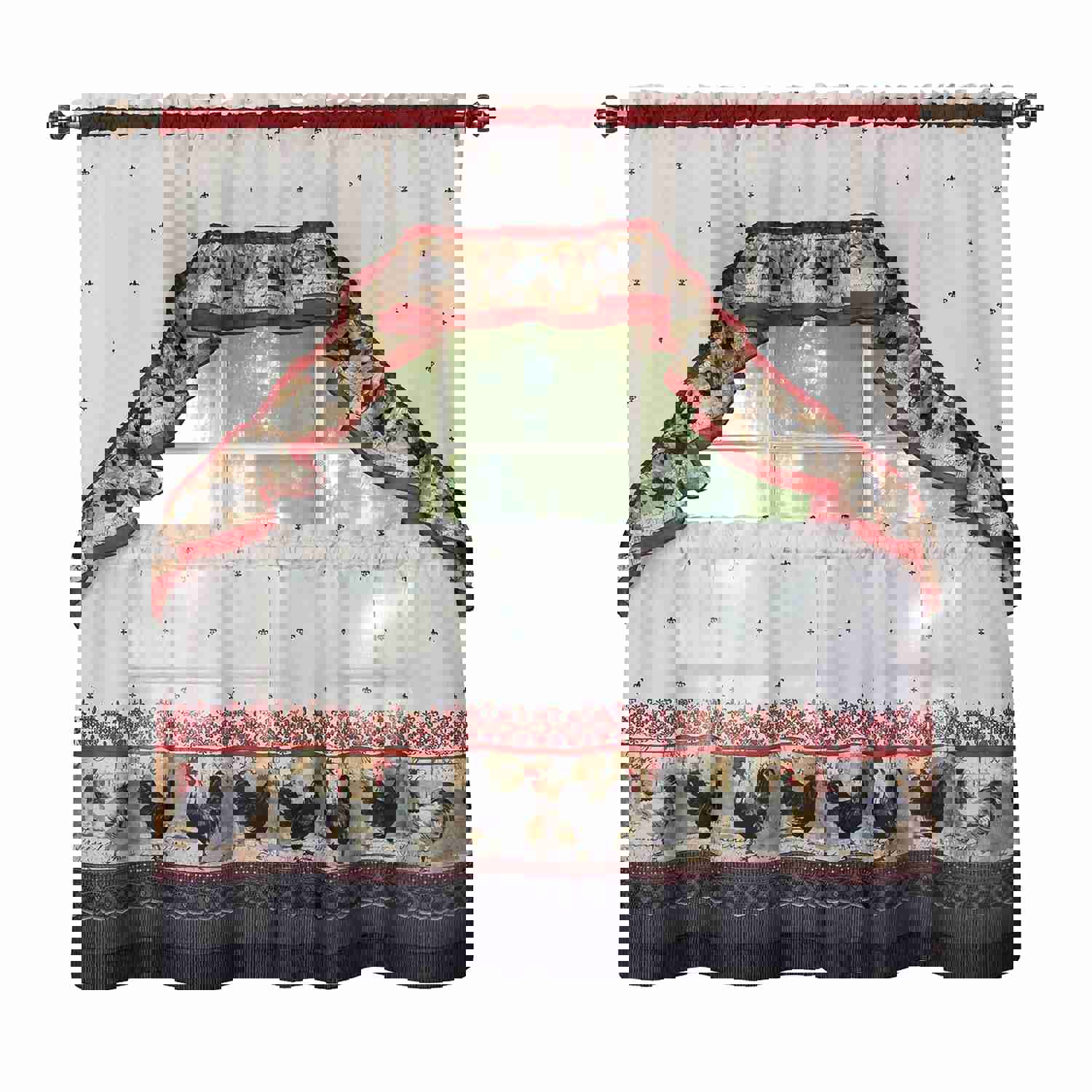 Printed Tier and Swag Window Curtain Set - Rooster Design