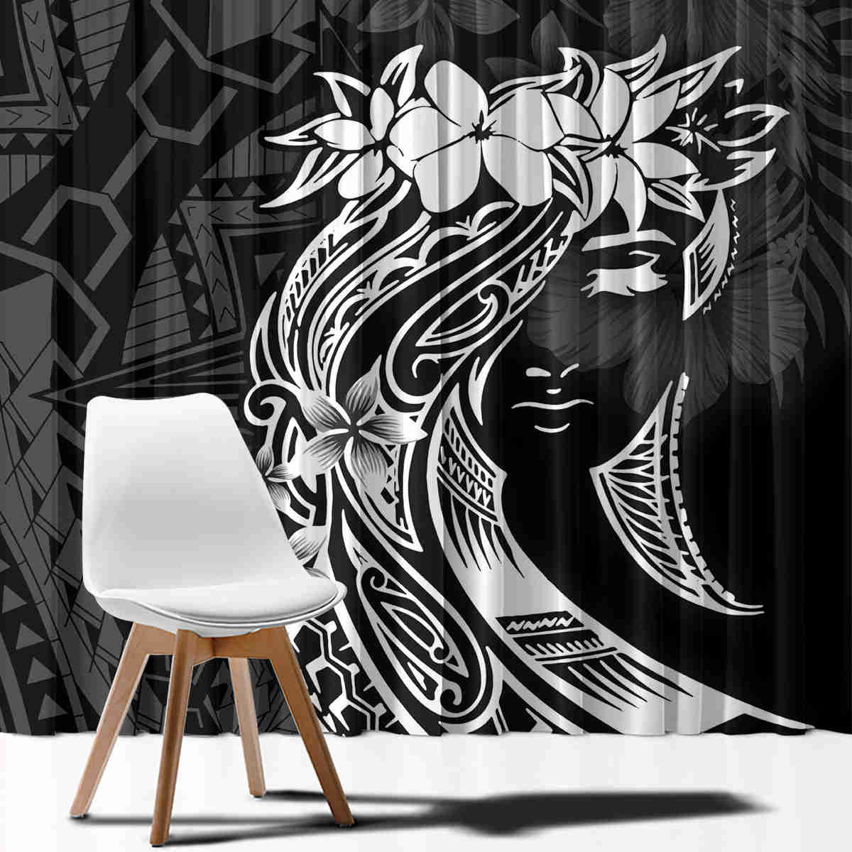 Polynesian Women's Day Window Curtain Plumeria Passion - Black LT7