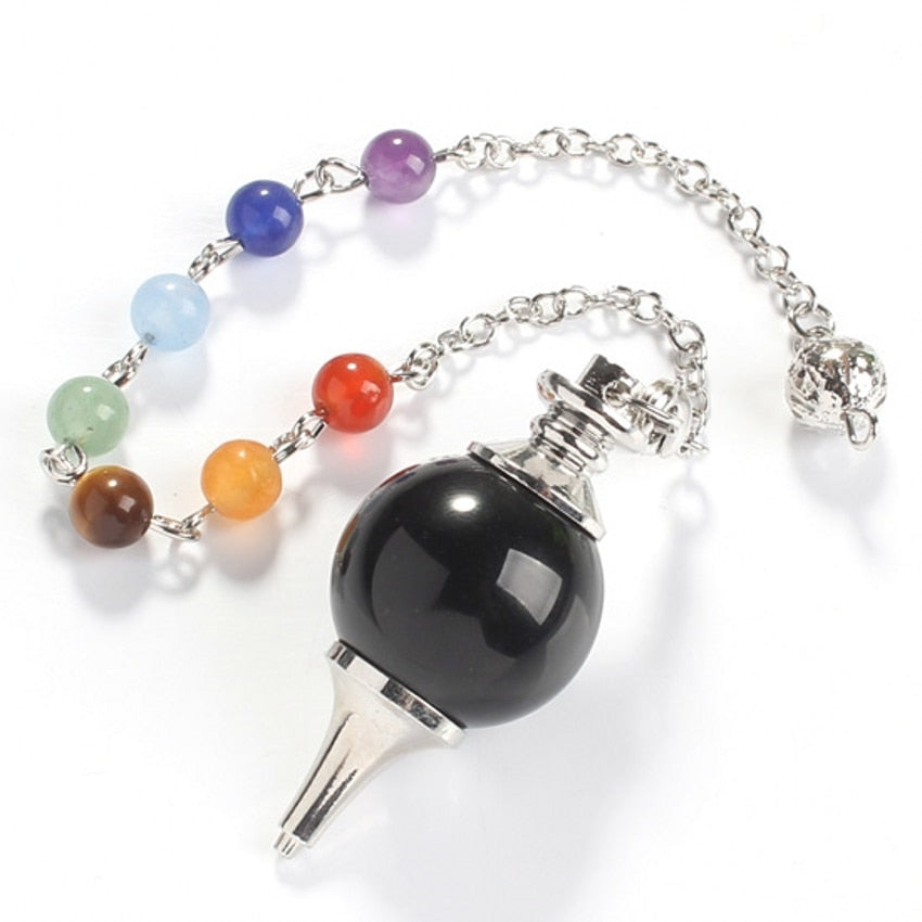 Natural Gnergy Gemstone Silver Plated 18mm Round Beads Healing Chakra Dowsing Pendulum Black Agates Pendant Charm Jewelry