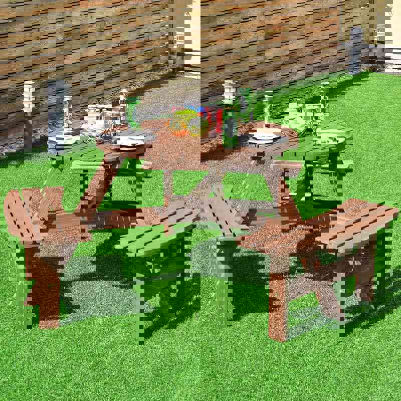 6-Person Outdoor Patio Wooden Round Picnic Dining Table Bench Set with Umbrella Hole & 3 Benches