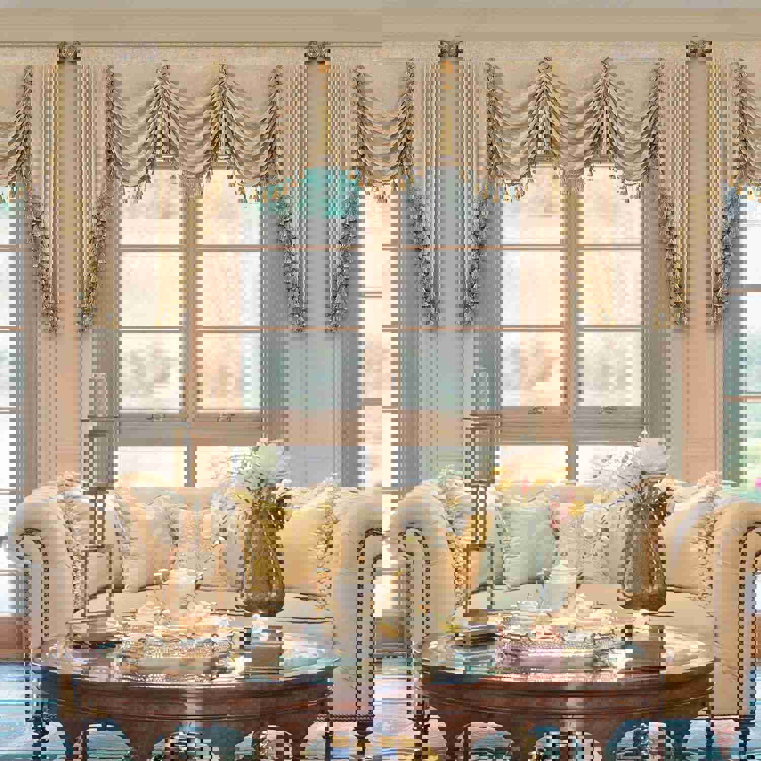 Beige Chenille Swag Valance with Beads and Tassels