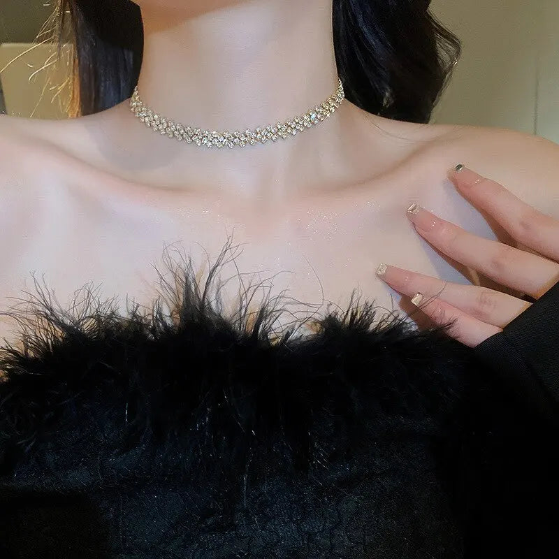Luxury Shiny Full Rhinestone Choker Necklace for Women - Geometric Crystal Wedding Party Jewelry