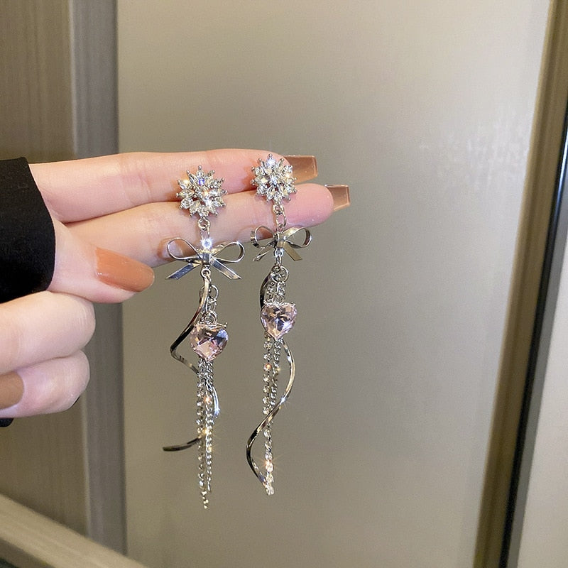 2022 New Fashion Long Tassels Sweet Heart Drop Earrings Joker Fine Bowknot Modelling Trend Women Dangle Earrings Jewelry
