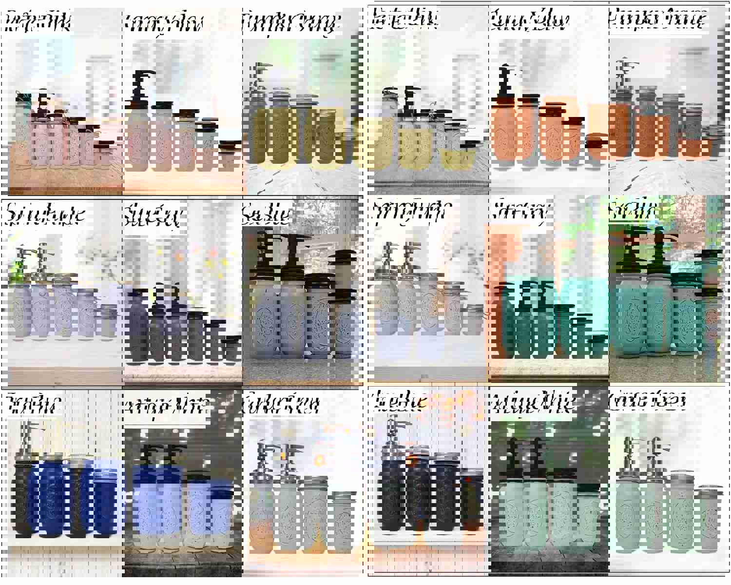 Custom Painted Mason Jar Bathroom Set - 20 Paint Colors, Sea Blue with Black Lids