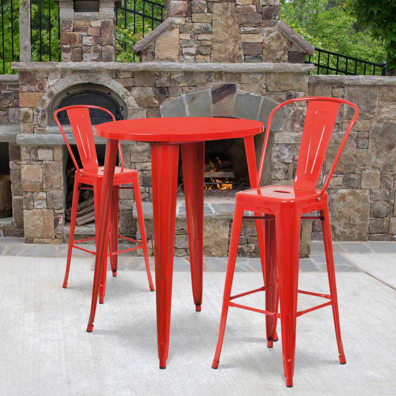 CH-51090BH-2-30CAFE Flash Furniture Caron Commercial Grade 30" Round Red Metal Indoor-Outdoor Bar Table Set with 2 Stools