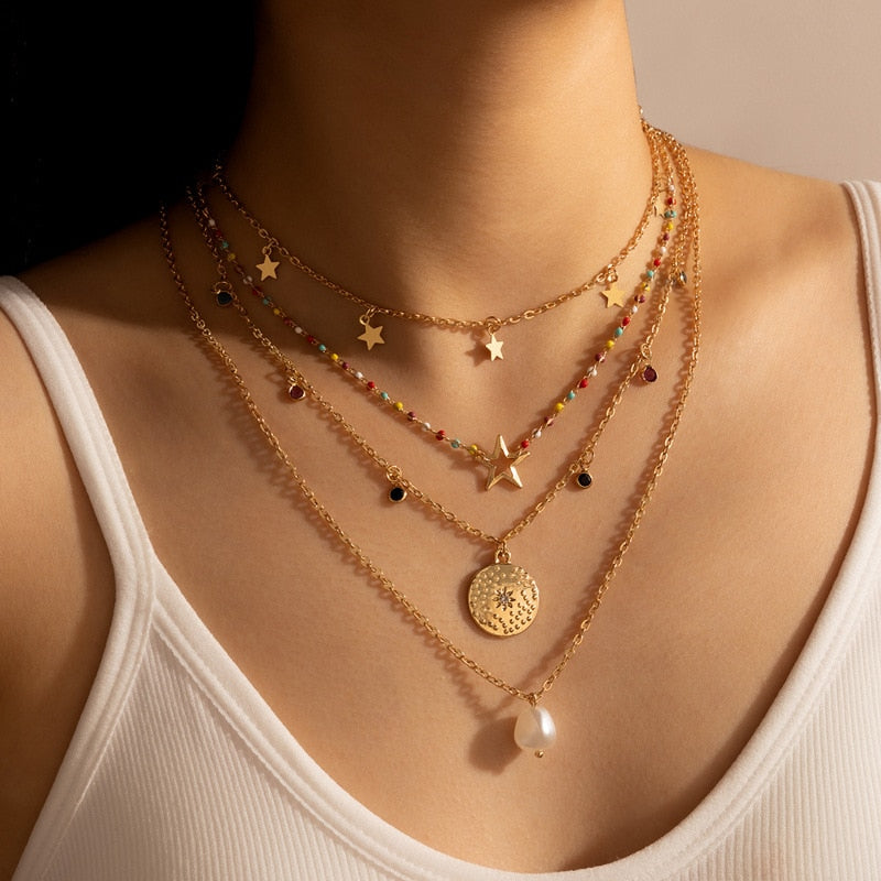 Punk Multi-layers Colors Bead Star Chains Pendant Necklace Set for Women - Gold Color Alloy Cross Jewelry