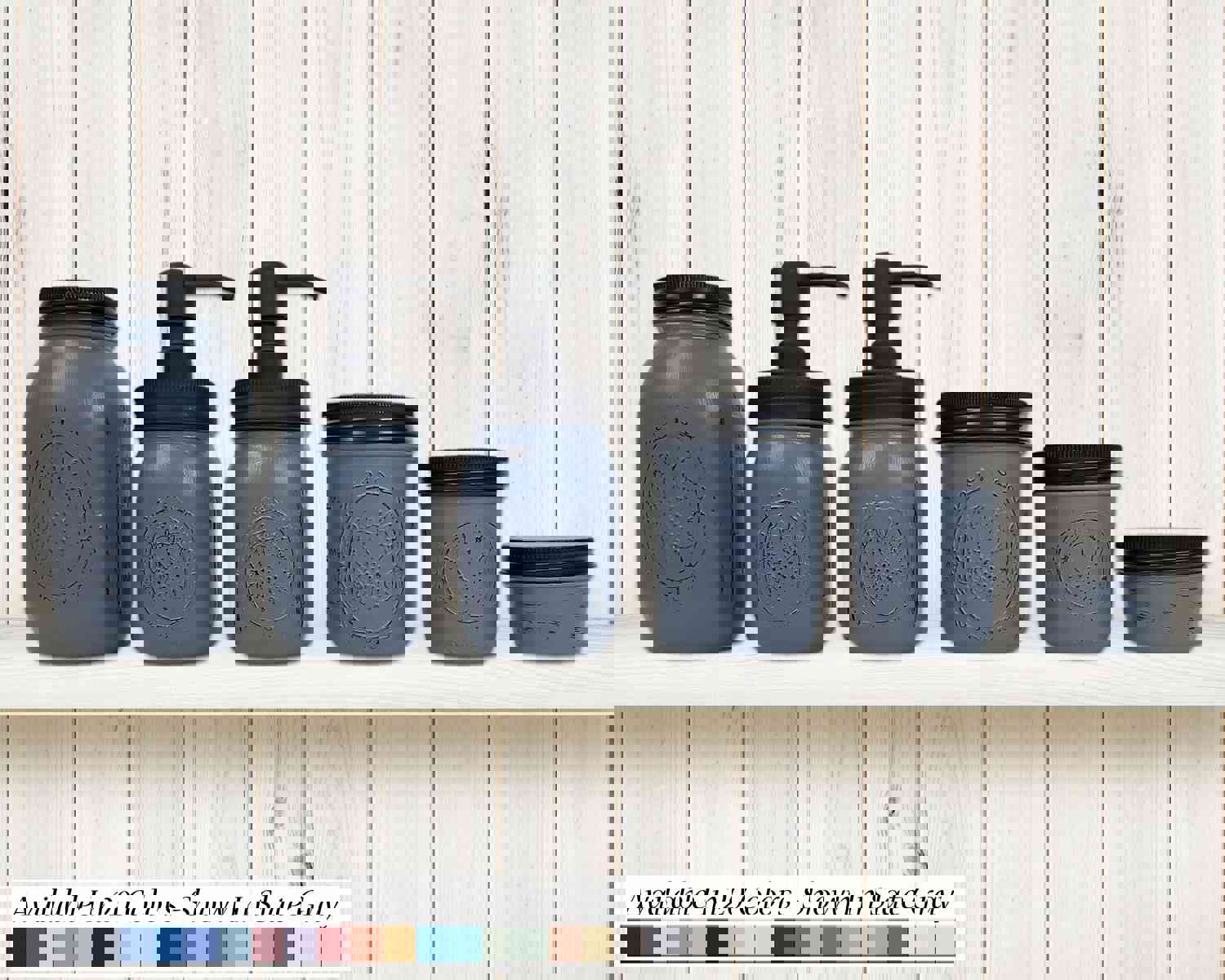 Custom Painted Mason Jar Bathroom Set - 20 Paint Colors, Sea Blue with Black Lids
