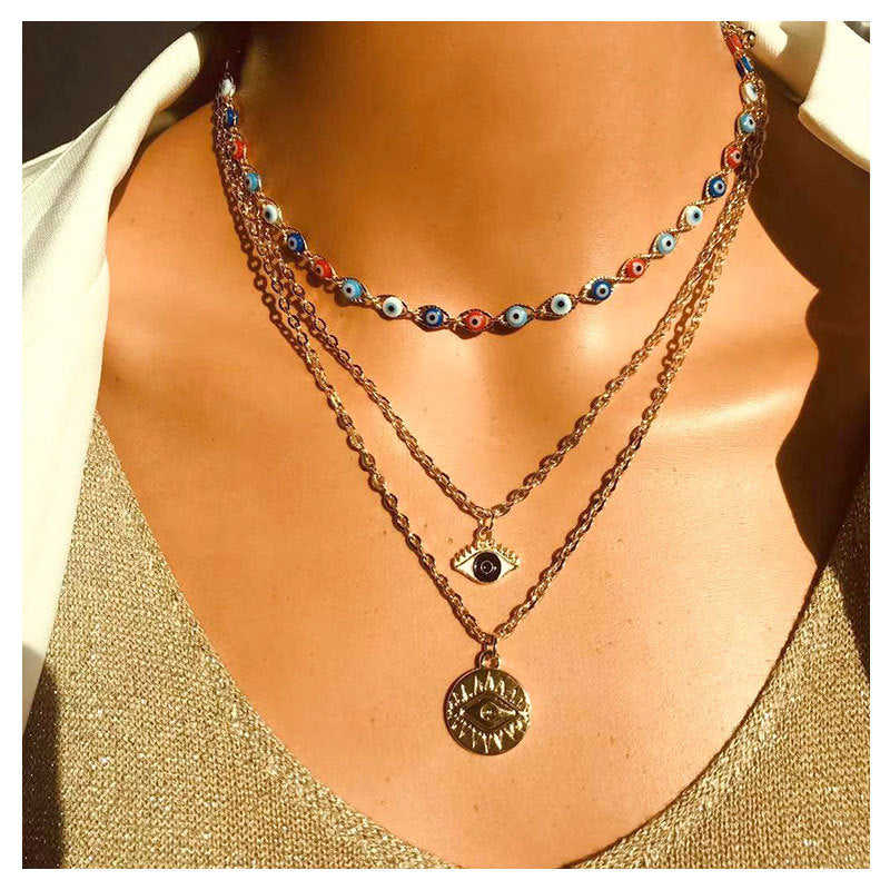 Punk Multi-layers Colors Bead Star Chains Pendant Necklace Set for Women - Gold Color Alloy Cross Jewelry