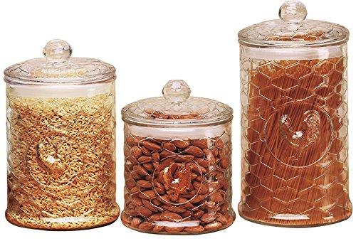Set of 3 Country Rooster Design Glass Canisters with Lids for Kitchen or Pantry Storage