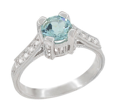 Art Deco 3/4 Carat Aquamarine Castle Engagement Ring in 18 Karat White Gold