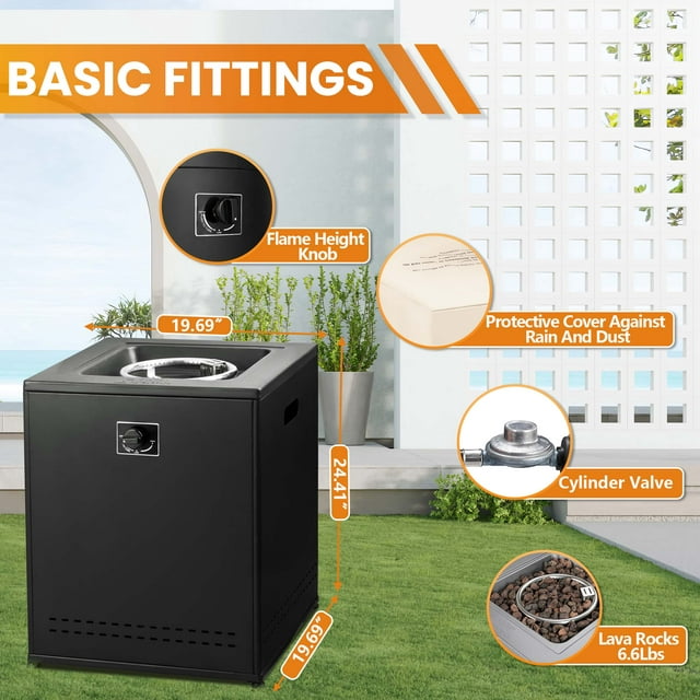 Auseo 22in Square Outdoor Fire Pit - Propane Metal Stove with Lava Rocks, 40000 BTU Heat Output