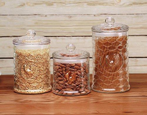 Set of 3 Country Rooster Design Glass Canisters with Lids for Kitchen or Pantry Storage