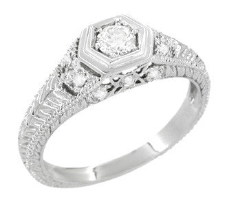 Art Deco Engraved Filigree Heirloom Diamond Engagement Ring in Platinum