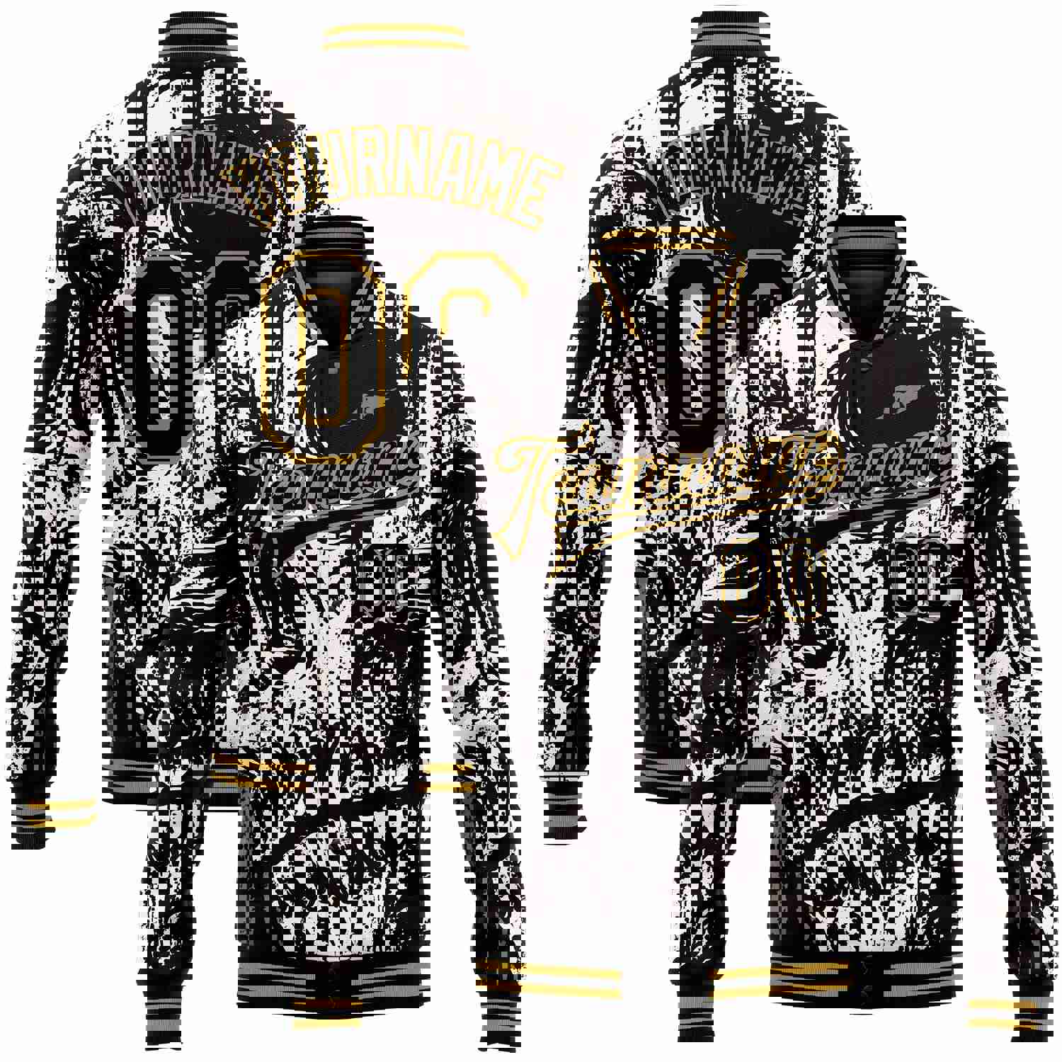 Custom Black Old Gold Skull Fashion 3D Bomber Full-Snap Varsity Letterman Jacket