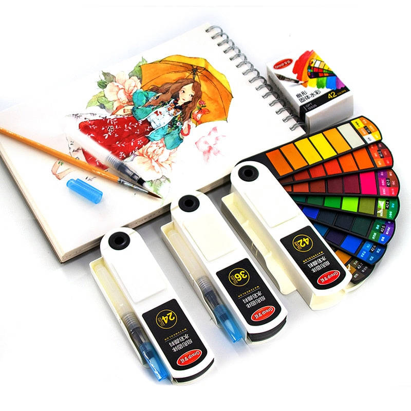 Portable 18/24/36/42 Colors Solid Watercolor Paint Set with Water Pen for Beginner Painting Artist Art Craft Supplies