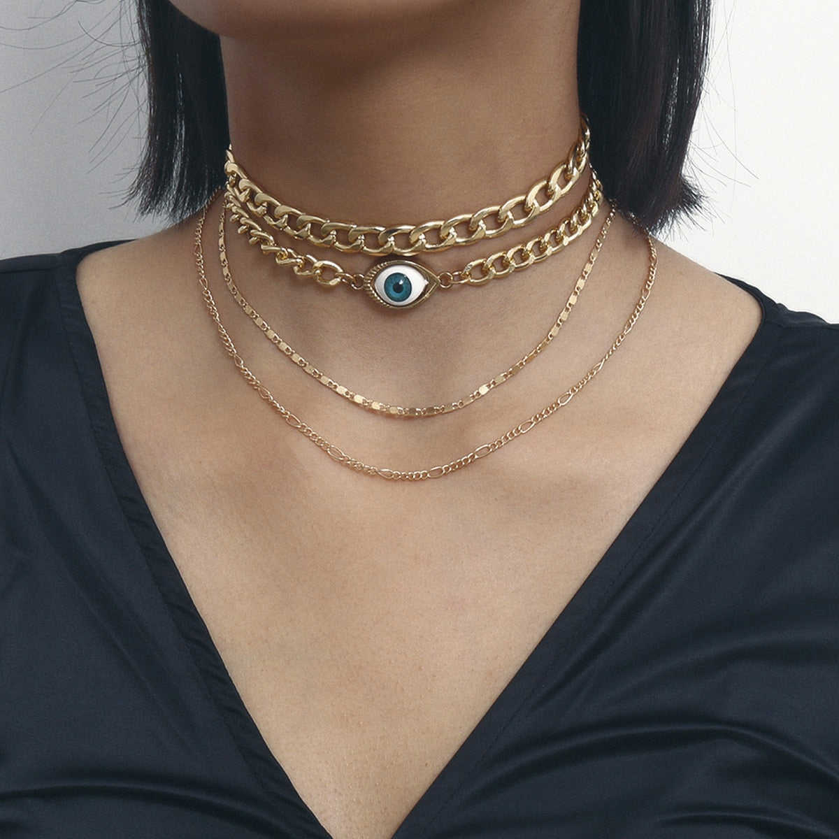Punk Multi-layers Colors Bead Star Chains Pendant Necklace Set for Women - Gold Color Alloy Cross Jewelry